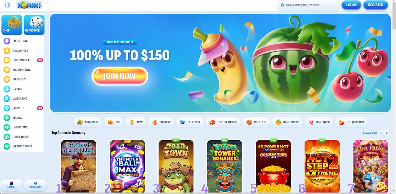 Nomini casino lobby homepage with pokies and live casino navigation for Australian players