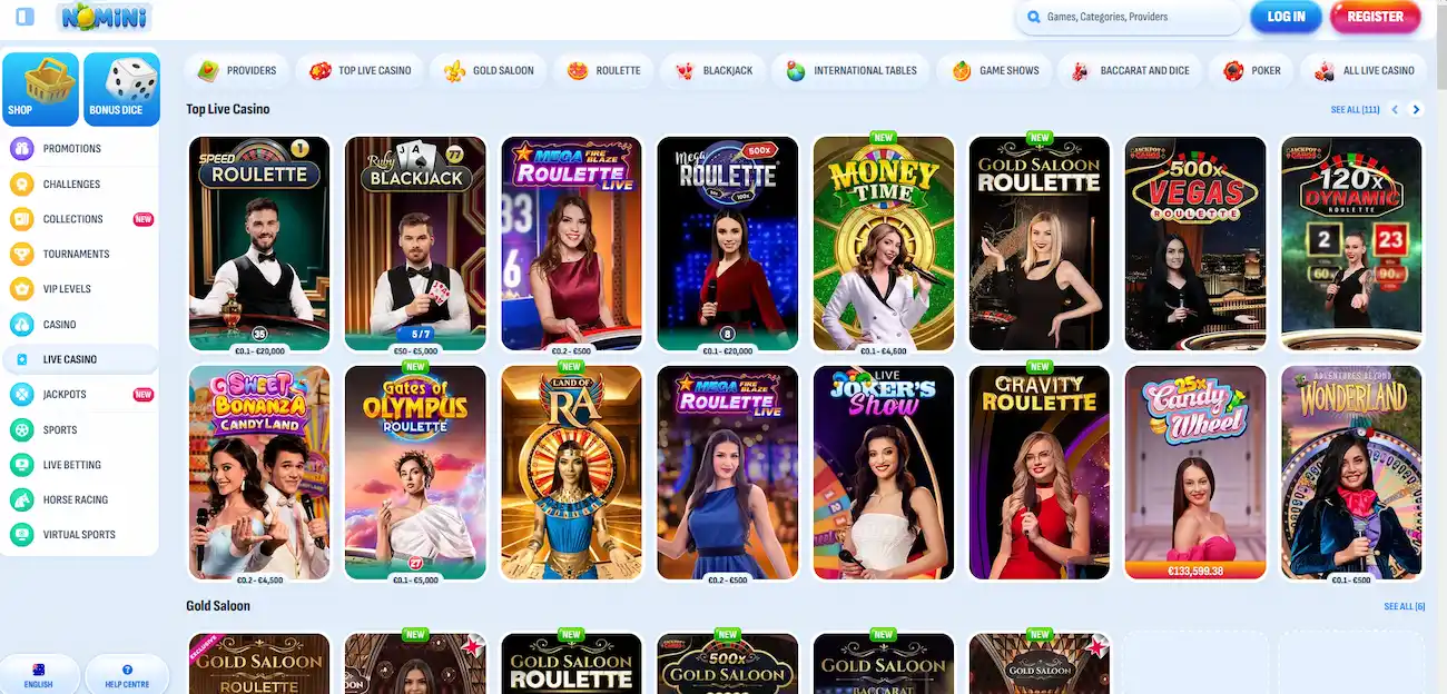 Nomini live casino lobby with Evolution and Pragmatic Play Live dealer tables
