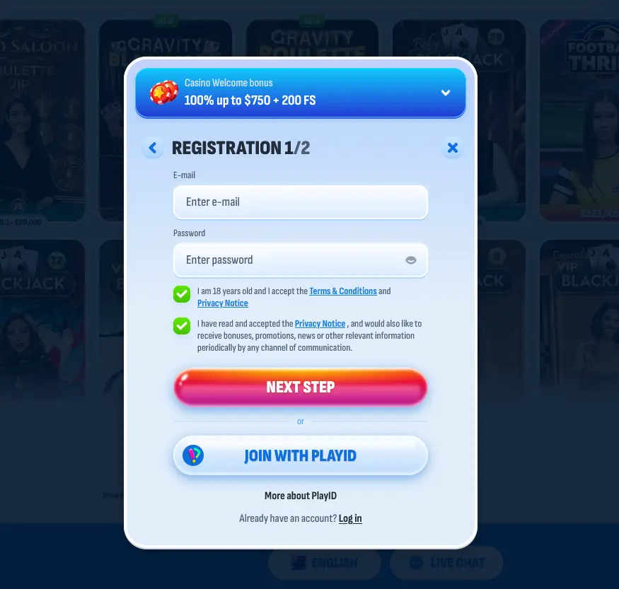 Nomini registration form for creating a new Australian player account